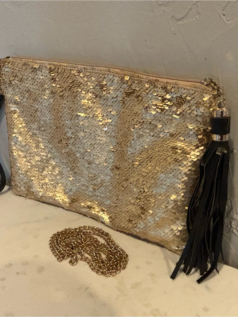 Gold Sequin Clutch Wristlet with Removable Chain